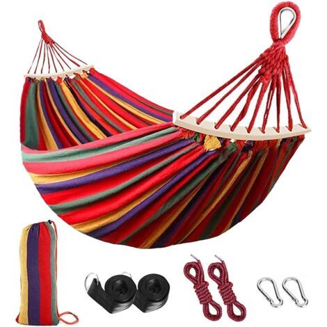Hamac double extérieur en coton 200 x 150 cm ,charge 300 kg pour terrasse de jardin de camping avec sac de transport Sangles et cordes d'arbre -Rouge (1/5)