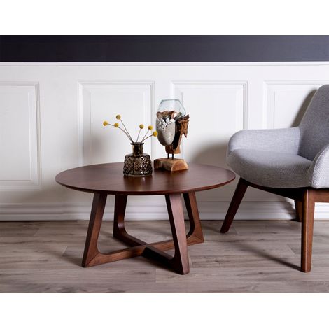 Lisa Design – Table basse ronde 75 cm – Bois plaqué noyer – Résistante à l'humidité et aux rayures – Style contemporain – Piètement croisé (1/5)