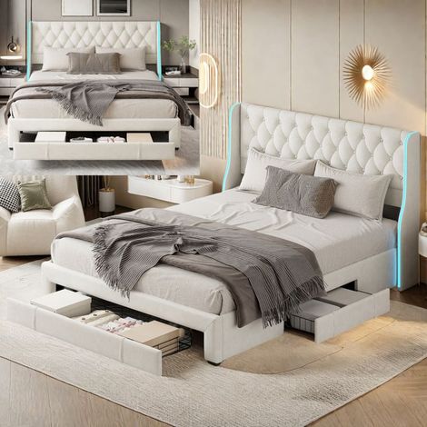 Lit double rembourré - TANANT - 160x200 cm - 3 tiroirs - LED intégrée - Velours beige (1/5)