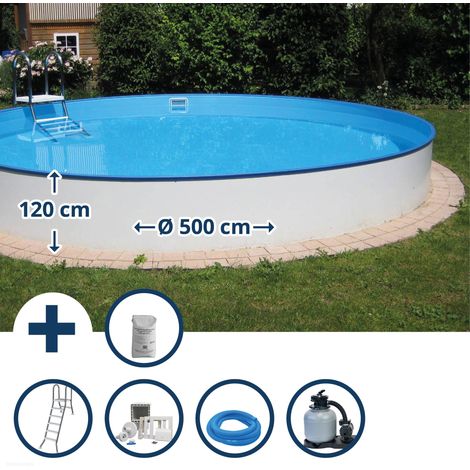 Stahlwandpool Set (7-teilig) halbhoch rund Borneo 500 x 120 cm, Stahl 0,6 mm weiß Folie 0,6 mm blau (1/5)