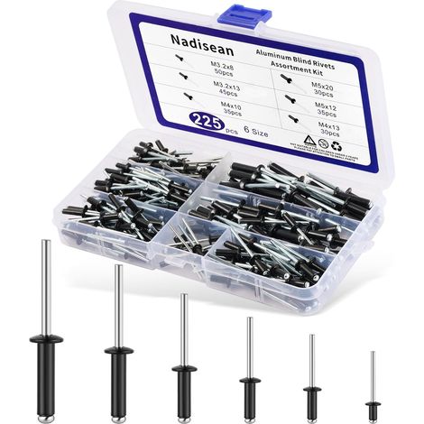 225 Pièces Rivets Aveugles en Aluminium, 6 Tailles Rivets à Tête Large, Rivet noir M3.2/M4/M5, Assortiment Rivets Aveugle pour Métal, Bois, Bateaux, avec Boîte (1/5)