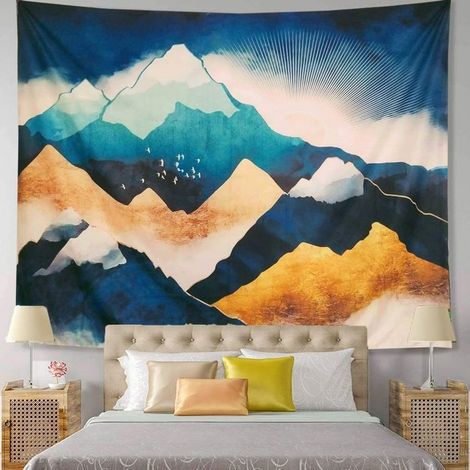 Tapisserie Psychédélique Bleu Aquarelle Montagne Tenture Murale Bleu Psychédélique Nature Tapisserie Mur Tissu Décorations pour (1/5)