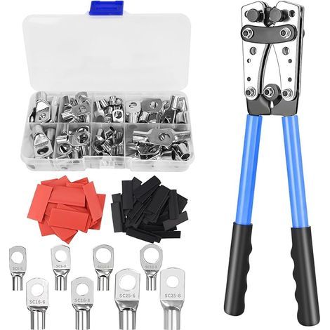 Pince à Sertir Professionnelle pour Cosses 10-1/0 AWG (6-50mm²) - Avec 80 Bornes à Anneau en Cuivre + 80 Gainettes Thermorétractables, 8 tailles, Outil de Crimpage Électrique à Cliquet Multifonction (1/4)
