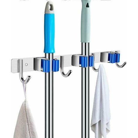 Soporte de pared para escoba y trapeador con gancho autoadhesivo de acero inoxidable, 3 soportes y 4 ganchos (azul) (1/5)