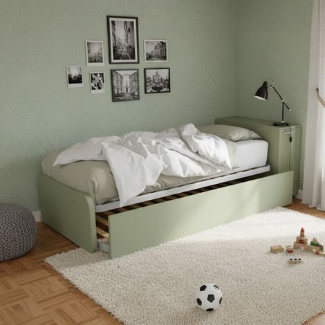 Letto singolo con secondo letto estraibile e testata testiera contenitiva - 80x190 - Salvia