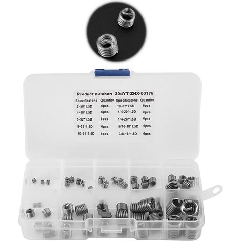 Kit de réparation de filetage 60 pièces, inserts filetés en acier inoxydable 304, manchons taraudés et gaines pour vis, assortiment pour atelier et bricolage (1/5)