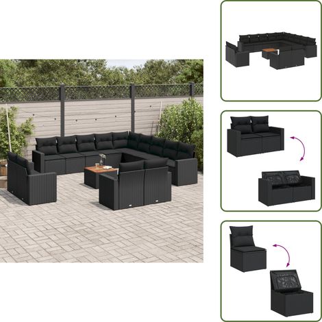 The Living Store Salon de jardin avec coussins 14 pcs noir résine tressée - Ensemble Salon De Jardin - Mobilier De Jardin - Salon Extérieur - Set De Jardin - Chaise Lounge