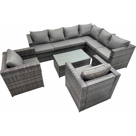 Fimous Patio Sofa Oblong Coffee Table Set Rattan Garden Furniture Set with 2 Chairs Dark Grey Mixed (1/5)