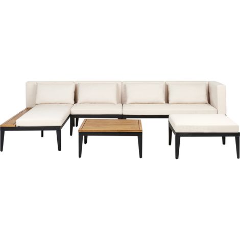 Conjunto de jardín 4 plazas de madera de acacia certificada sofá esquinero con mesa de centro y otomana cojines beige claro derecho Bracciano