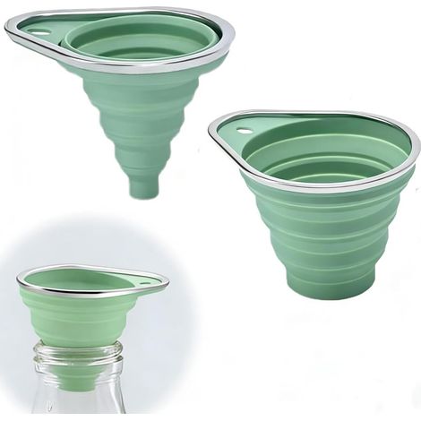 Lot de 2 entonnoirs de cuisine pliables en silicone avec bord en acier inoxydable, grand et petit pour remplir des bouteilles, pour ingrédients secs et liquides, vert (1/5)