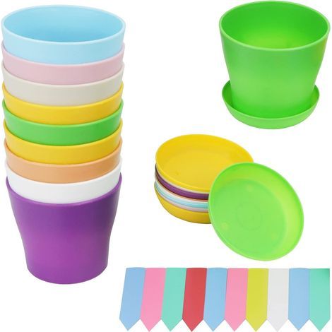 GENERIC-Lot de 10 Petits Pots de Fleurs en Plastique pour Jardin, Bureau, Chambre avec Plateaux d'égouttement, 8 couleurs avec 10 étiquettes pour Plantes (1/5)