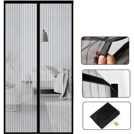 Moustiquaire de porte fenêtre 120x220cm Noir, rideau magnétique anti-insectes à fermeture aimantée, protège salon sans mouches, filet robuste pour porte, voile occultant pratique, 1 pièce. (1/5)