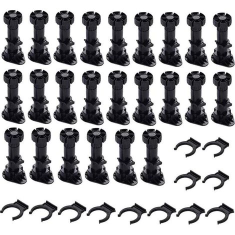 24 pieds Pieds D\'Armoire Plastique,Pied de Meuble,Pied Réglable pour Meuble,Noir Pieds de Meuble Plastique avec Clip Fixation Base pour Meubles de Cuisine,Armoire et Canapé (120mm-150mm) (1/4)
