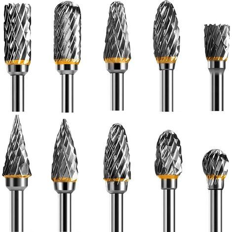 Jeu de fraises rotatives 10 pièces – Acier carbure de tungstène double tranchant – Pour gravure, polissage, sculpture – Tige 1/8” (1/5)