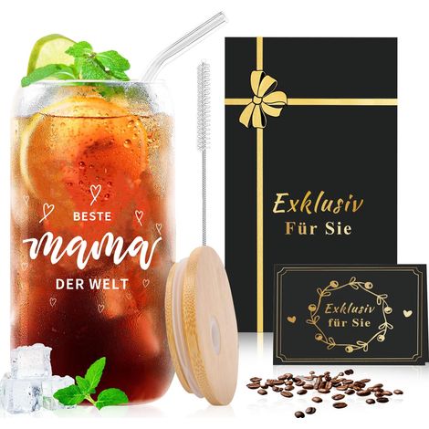 Cadeau pour femme - Gobelet avec couvercle et paille, lettres de A à Z, verre personnalisé, pour anniversaire, Noël, gobelet en verre avec brosse de nettoyage pour café, bière, cocktails 500 ml (1/5)