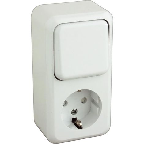 Base Schuko avec interrupteur de surface, idéale pour les connexions sécurisées et le contrôle de l'alimentation dans les installations électriques.