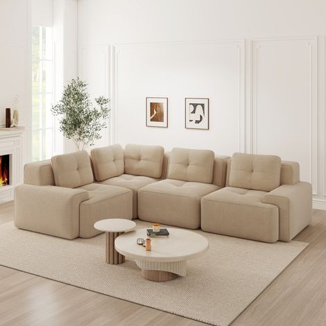 Canapé modulable sans cadre beige en velours côtelé, assise profonde, sans montage (1/5)