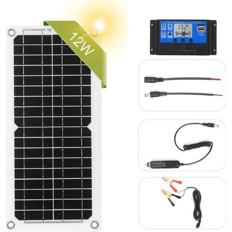 Sistema de panel solar independiente de 12 W y 12 V, kit de panel solar de carga para camping, controlador de carga solar de 100 A + cable solar, para casa, cobertizo y autocaravana. (1/4)