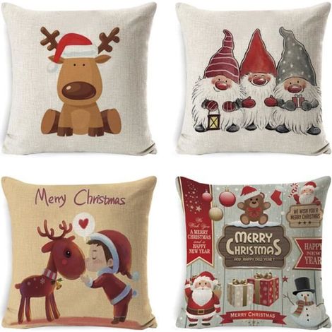 4 Kissenbezüge 45x45 cm aus bedrucktem Leinen-Baumwollstoff mit Wapiti-Motiv, Weihnachtsmann- und Schnee-Design, für Bett, Sofa, Aut