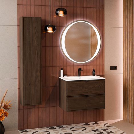 Mueble bajo Elias de madera oscura con lavabo encastrado de 60 cm y pedestal (1/5)
