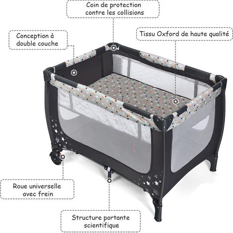 Bébé 0-36 Mois Facile à Transporter Lit Parapluie Pliable et Parc de Jeu avec 2 Roues et Sac Maille Respirante Max 15kg (1/5)