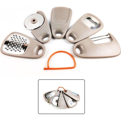 Juego de utensilios de cocina 5 en 1: pelador, rallador, molinillo de ajo, Utensilios de cocina portátiles de acero inoxidable, Color caqui (1/5)