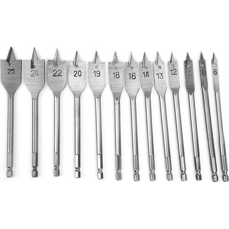 13PCs Foret Plat Poignée 1/4 Pouce Outil de Perçage Bois Ouvre-Trou Économiseur d'Effort 6-25MM (1/5)