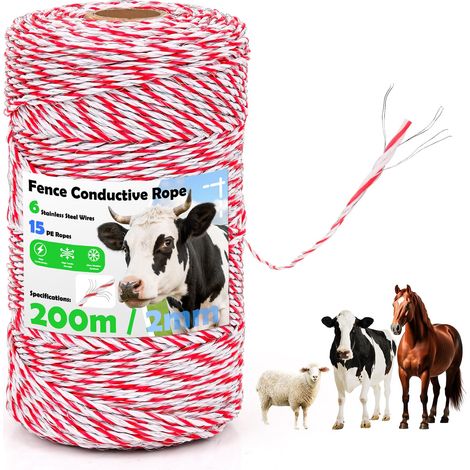 Lisse de Clôture 200 m, 2 mm 6 Torons Acier Inoxydable, Corde Robuste, Haute Conductivité Câble de Clôture pour Chiens, Chevaux, Bovins, Moutons (Blanc-Rouge) (200m) (1/5)