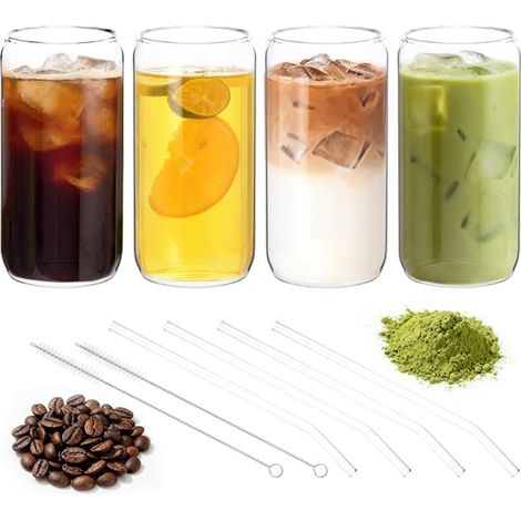 Matcha Glass with Straw, Clear Latte Glasses, Cocktail Glasses, Large Reusable Glass for Beer, Milk, Water, Juice, Coffee (1/5)