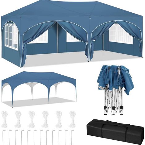Gazebo 3x6 m avec 6 parois latérales, tissu déperlant bleu, pavillon de jardin (1/5)