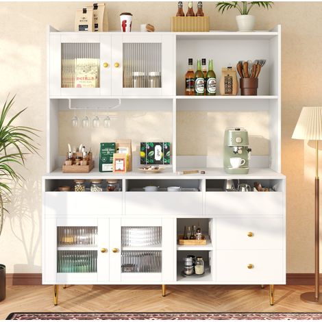 Aparador 145/39/171 cm blanco de MDF y metal con puertas de vidrio y botellero (1/5)