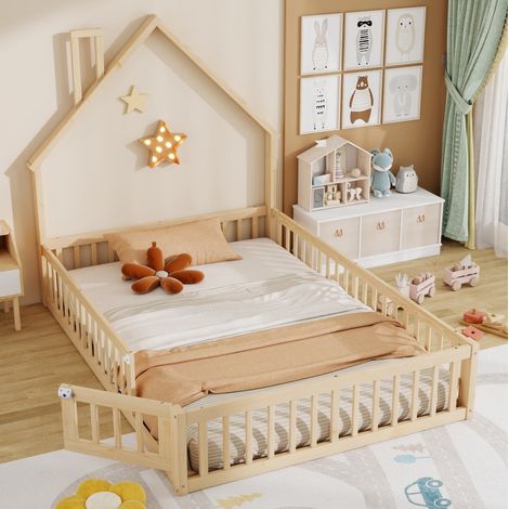 Letto per bambini in legno di pino e MDF naturale 140x190 cm con rete a doghe e sponde di sicurezza (1/5)