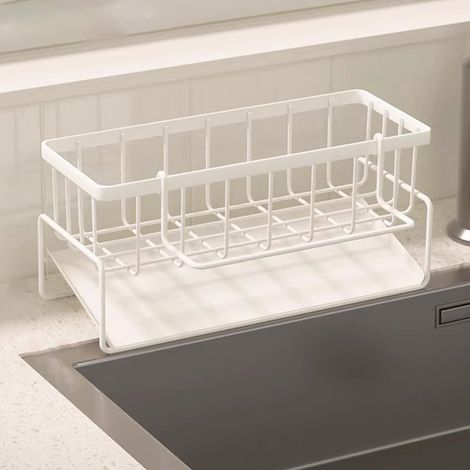 Escurridor de platos, estante de almacenamiento para fregadero de cocina, soporte para esponjas con toallero, apto para cocina y baño (blanco) (1/4)