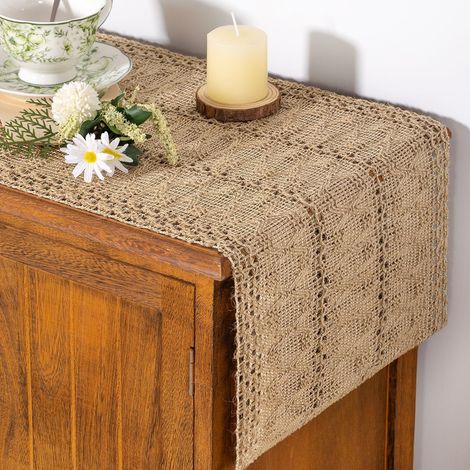Table Runner - Burlap Jute - Macrame Fringed Edges - Rustic Boho Farmhouse Decor for Dining Table Coffee Table Dresser - 12 x 72 Inch
