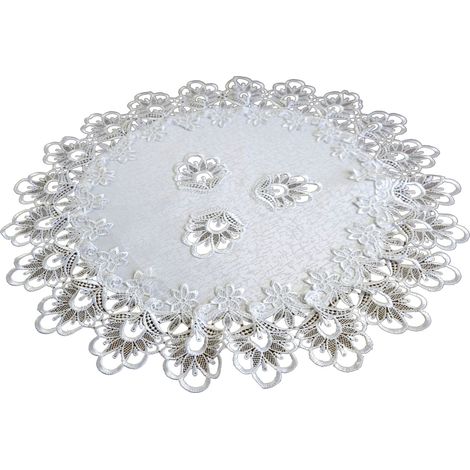 Servilleta redonda blanca con encaje de guipur. Diámetro: 60 cm.