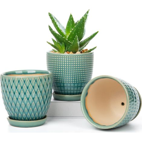 3er Set Keramik Blumentöpfe mit Untertasse, Ø 11,2cm, für Sukkulenten & Kakteen (1/5)
