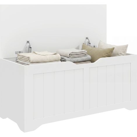 Coffre de rangement - HOMCOM - 2 charnières de sécurité et design sans poignée - bois - 100x40x45cm - blanc (1/5)