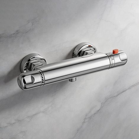 Thermostatic Shower Mixer Tap, Wall Mounted Shower Mixer Bar with Anti-Scald Safety Lock, Chrome Finish, Solid Brass (1/5)