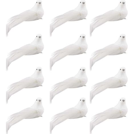 Lotto di 12 falsi colombe bianche artificiale, con morsetto, schiuma e piume di coda lunga, per decorare il vostro albero di Natale. (1/5)