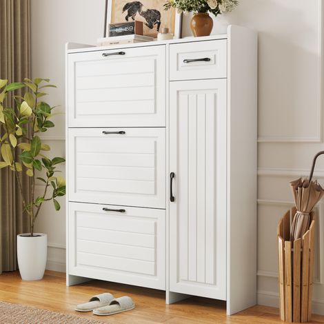 Scarpiera 92x24x121 cm con 3 ante a ribalta, 1 cassetto, 1 anta e ampio vano portaoggetti, in MDF bianco. (1/5)