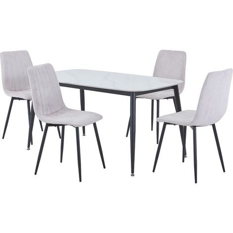 Aspen Gloss White Sintered Stone Rectangular Table & 4 Natural Fabric Chair Set - Metal - L54 x W53.5 x H88 cm
