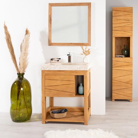 Meuble en teck massif Cosy 67cm + vasque crème (1/5)