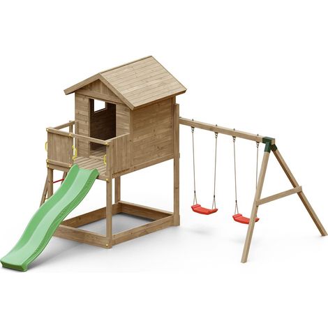 FUNGOO GALAXY S avec large plateforme, échelle, toboggan vert & accessoires, avec balançoire 2 sièges - Kit sécurité ancrage (1/5)