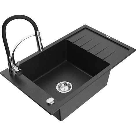 Mexen Elias fregadero de granito de 1 cubeta con escurridor y grifo de cocina Aster, negro/metálico plateado - 6511-73-73450-07 (1/5)