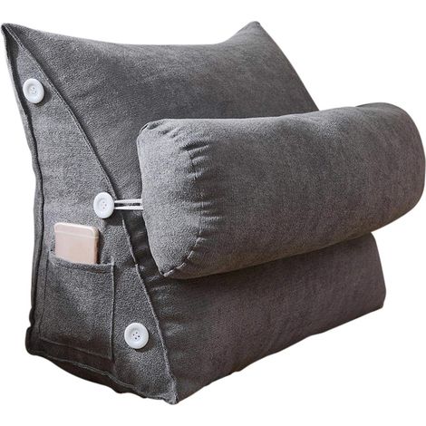Coussin Triangulaire - Soutien Lombaire Et Cervical - Avec Rouleau Cervical Détachable Et Poche Latérale - Pour Bureau Lecture Télévision - 45 x 25 x 50 cm - Gris (1/5)