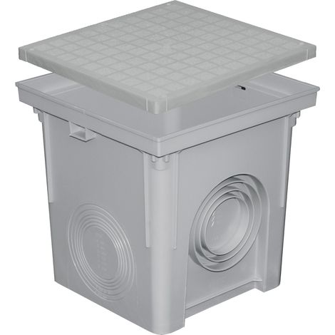 First Plast – Regard polypropylène 400x400mm pour descente eau pluviale – Couvercle gris – Entrée femelle Ø100-125-160-200 – Sortie mâle Ø90-250