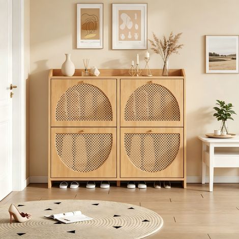 Meuble chaussures 120x24x90 MDF bois naturel, 8 cases 2 crochets porte osier tressé rangement entrée hall salon bureau moderne (1/5)