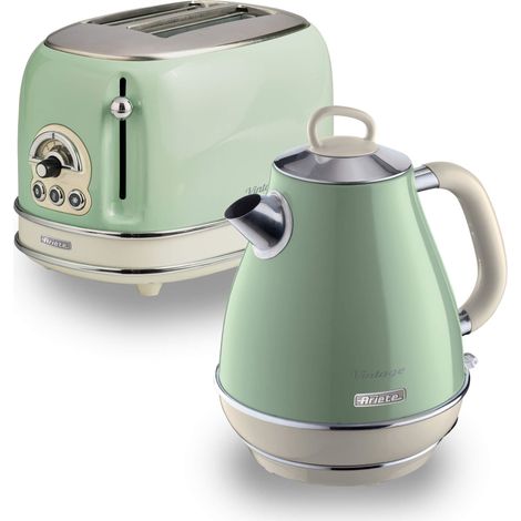 Ariete ARPK2 Retro Style Jug Kettle and 2 Slice Toaster Set, Vintage Design, Green