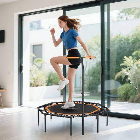 Fitness-Trampolin, Trainingstrampolin mit verstellbarem Haltegriff, stabil und leise, für drinnen, Stahl, Orange