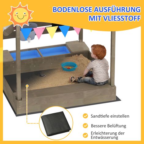 Bac à sable avec protection solaire, design cabane de jeu, coffret de jeux inclus, bois massif traité, 124 x 116 x 146 cm, Gris (1/5)